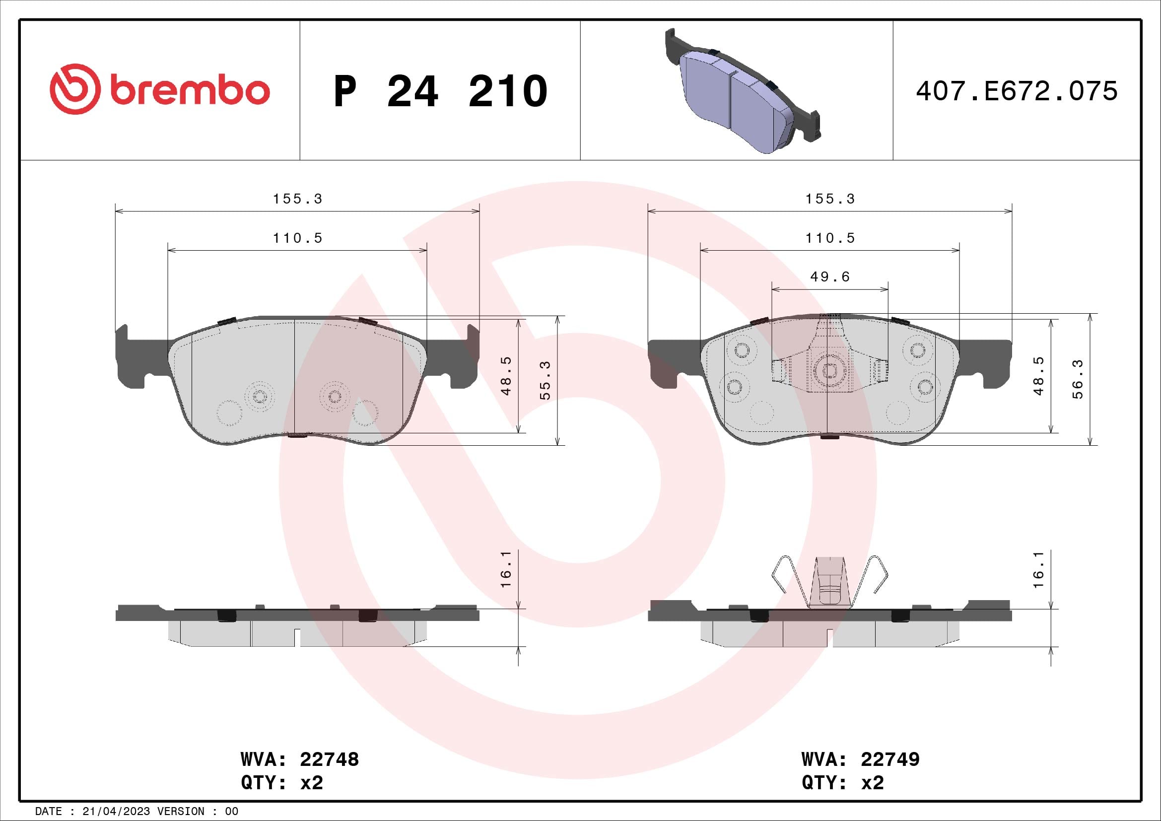 Jogo de 4 pastilhas de travão BREMBO ref. P 24 210