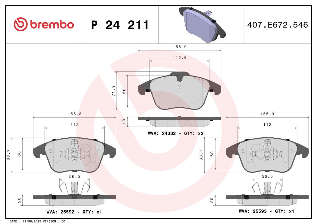 Jogo de 4 pastilhas de travão BREMBO ref. P 24 211