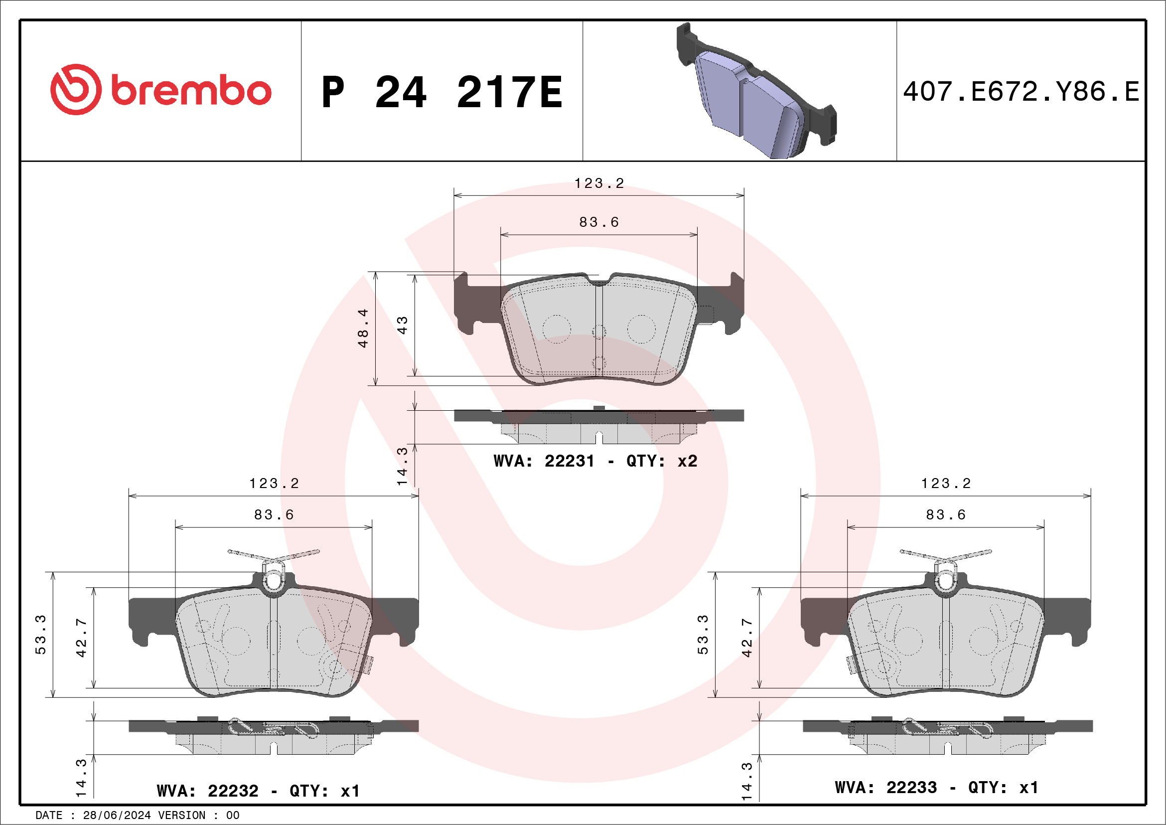 Jogo de 4 pastilhas de travão BREMBO ref. P 24 217E