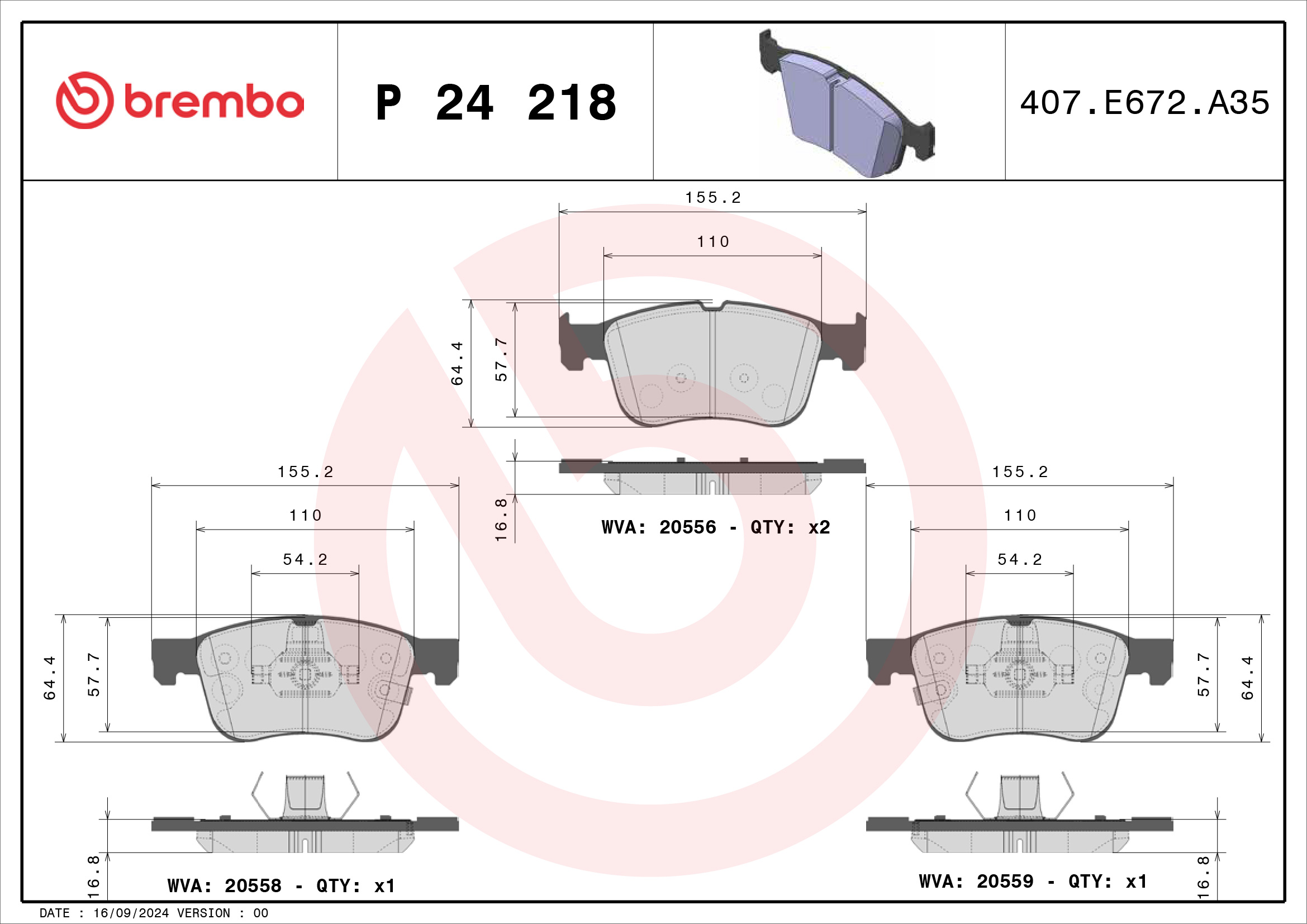 Jeu de 4 plaquettes de frein BREMBO ref. P 24 218