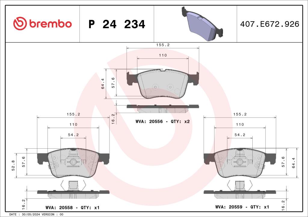 Jogo de 4 pastilhas de travão BREMBO ref. P 24 234