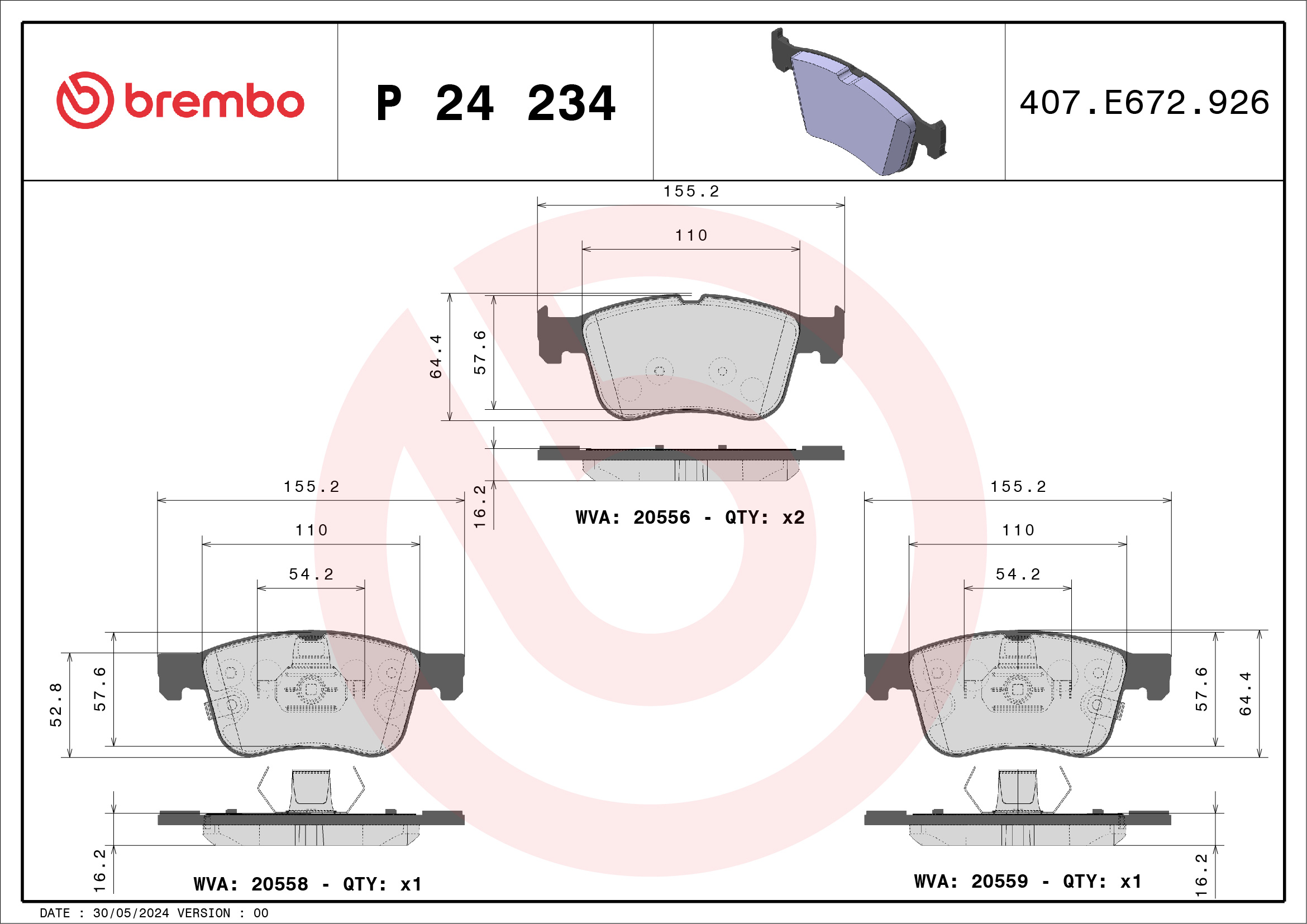 Jogo de 4 pastilhas de travão BREMBO ref. P 24 234