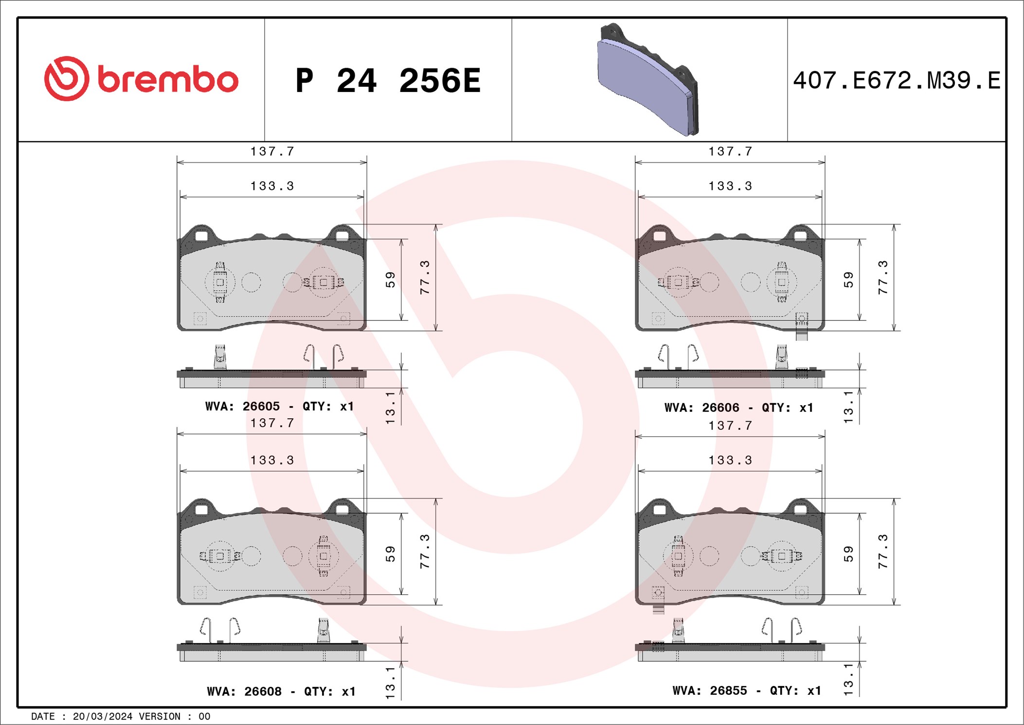Jogo de 4 pastilhas de travão BREMBO ref. P 24 256E