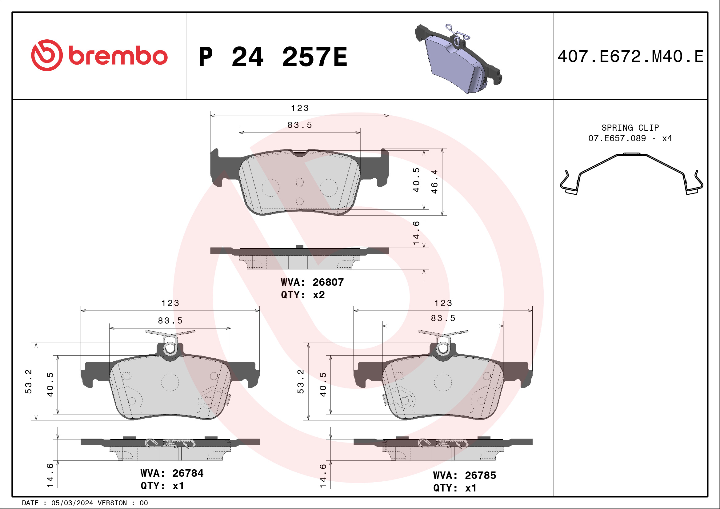 Jogo de 4 pastilhas de travão BREMBO ref. P 24 257E