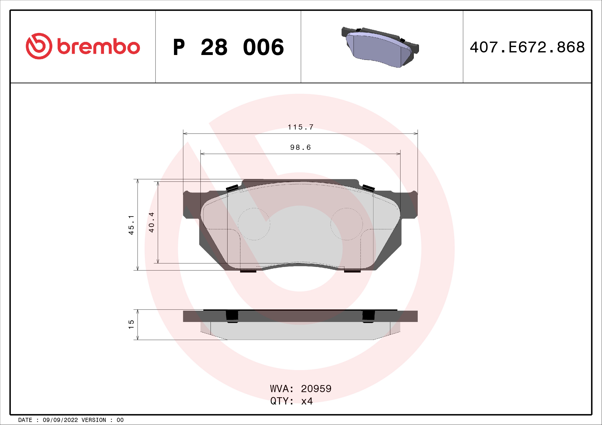 Jogo de 4 pastilhas de travão BREMBO ref. P 28 006