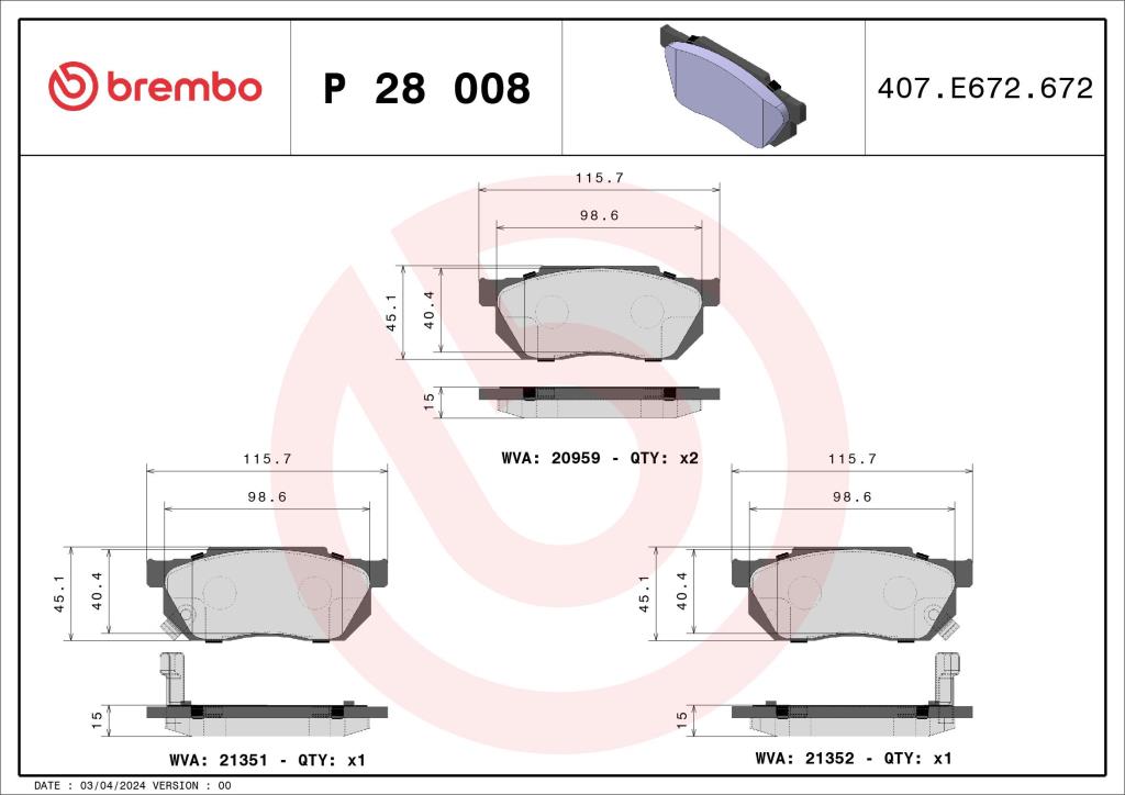 Jogo de 4 pastilhas de travão BREMBO ref. P 28 008