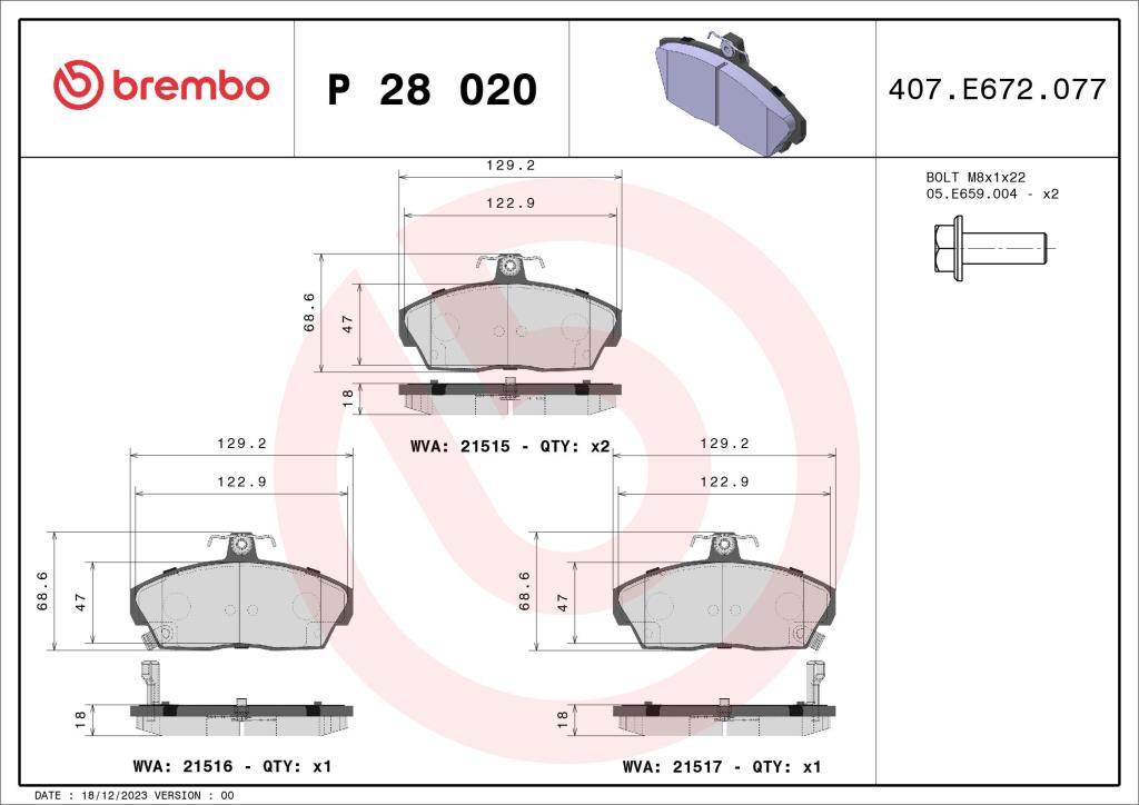 Jogo de 4 pastilhas de travão BREMBO ref. P 28 020