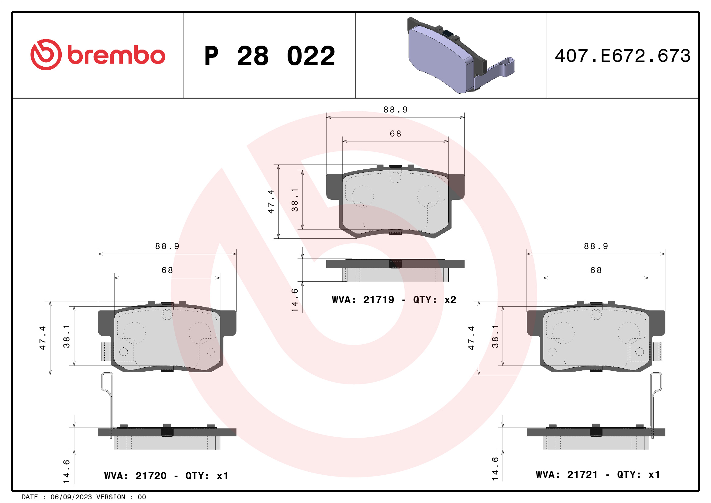Jogo de 4 pastilhas de travão BREMBO ref. P 28 022