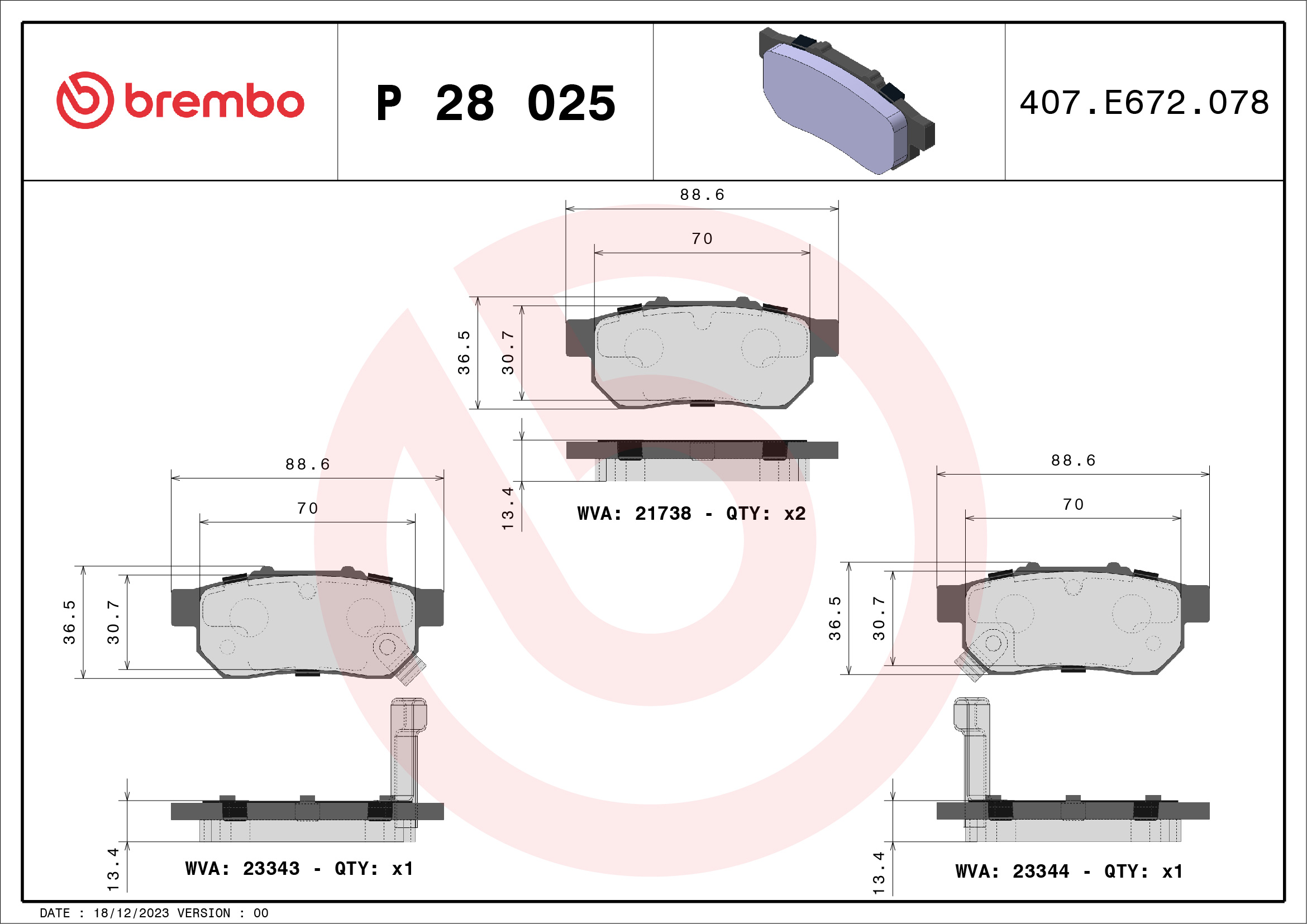 Jogo de 4 pastilhas de travão BREMBO ref. P 28 025