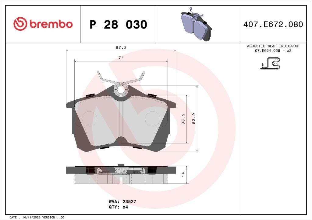 Jogo de 4 pastilhas de travão BREMBO ref. P 28 030