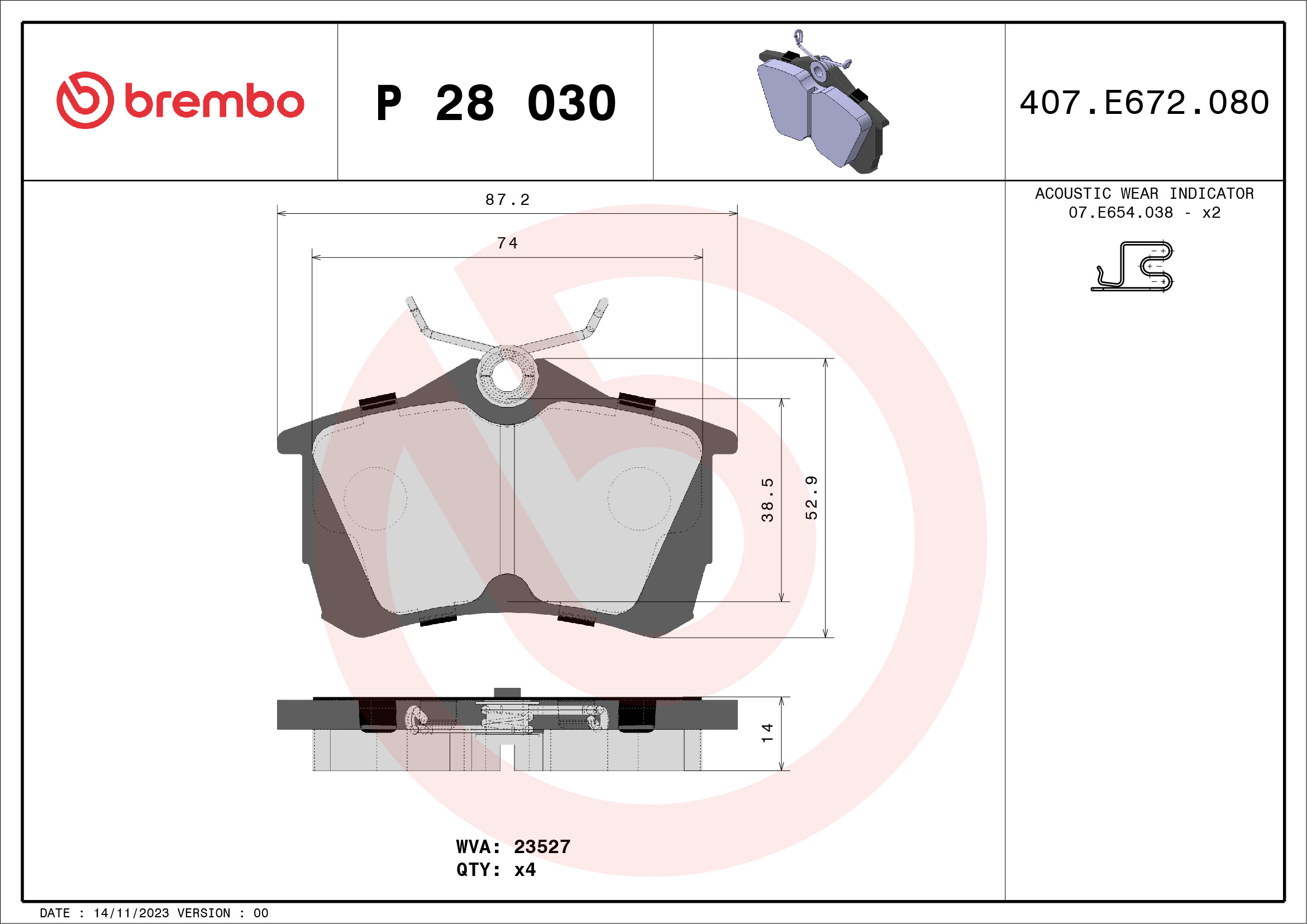 Jogo de 4 pastilhas de travão BREMBO ref. P 28 030