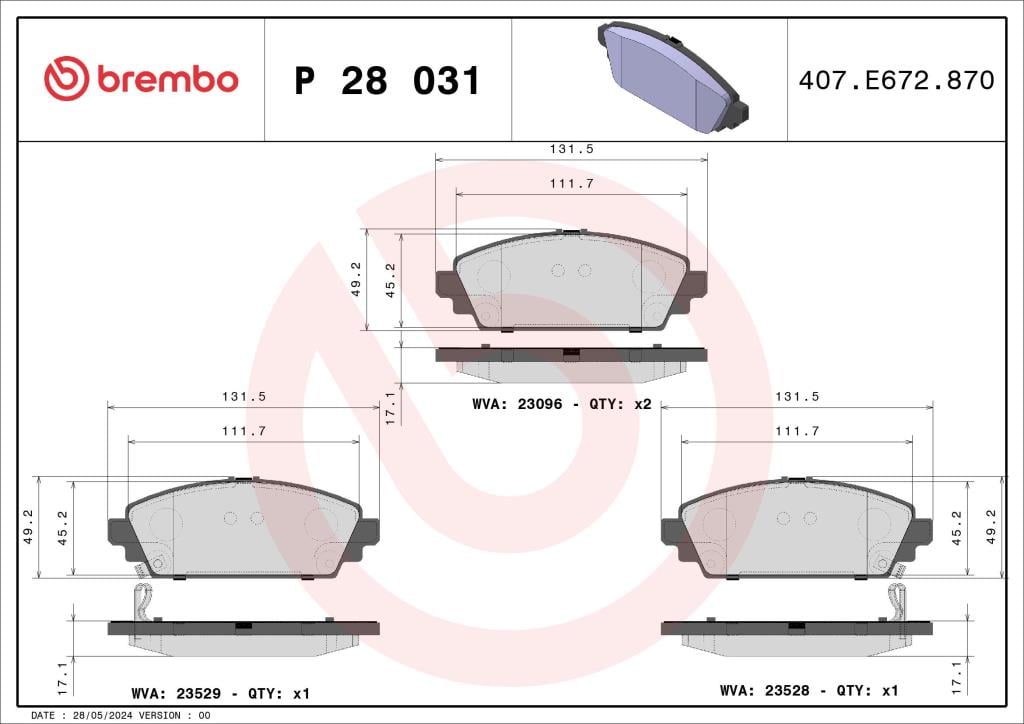 Jogo de 4 pastilhas de travão BREMBO ref. P 28 031