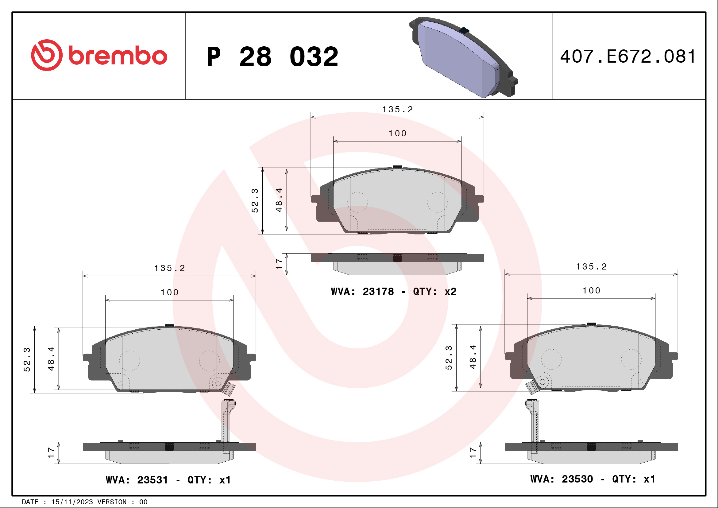 Jeu de 4 plaquettes de frein BREMBO ref. P 28 032