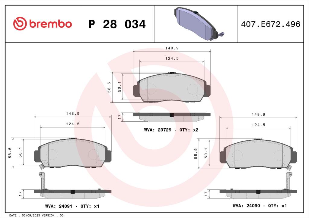 Jogo de 4 pastilhas de travão BREMBO ref. P 28 034
