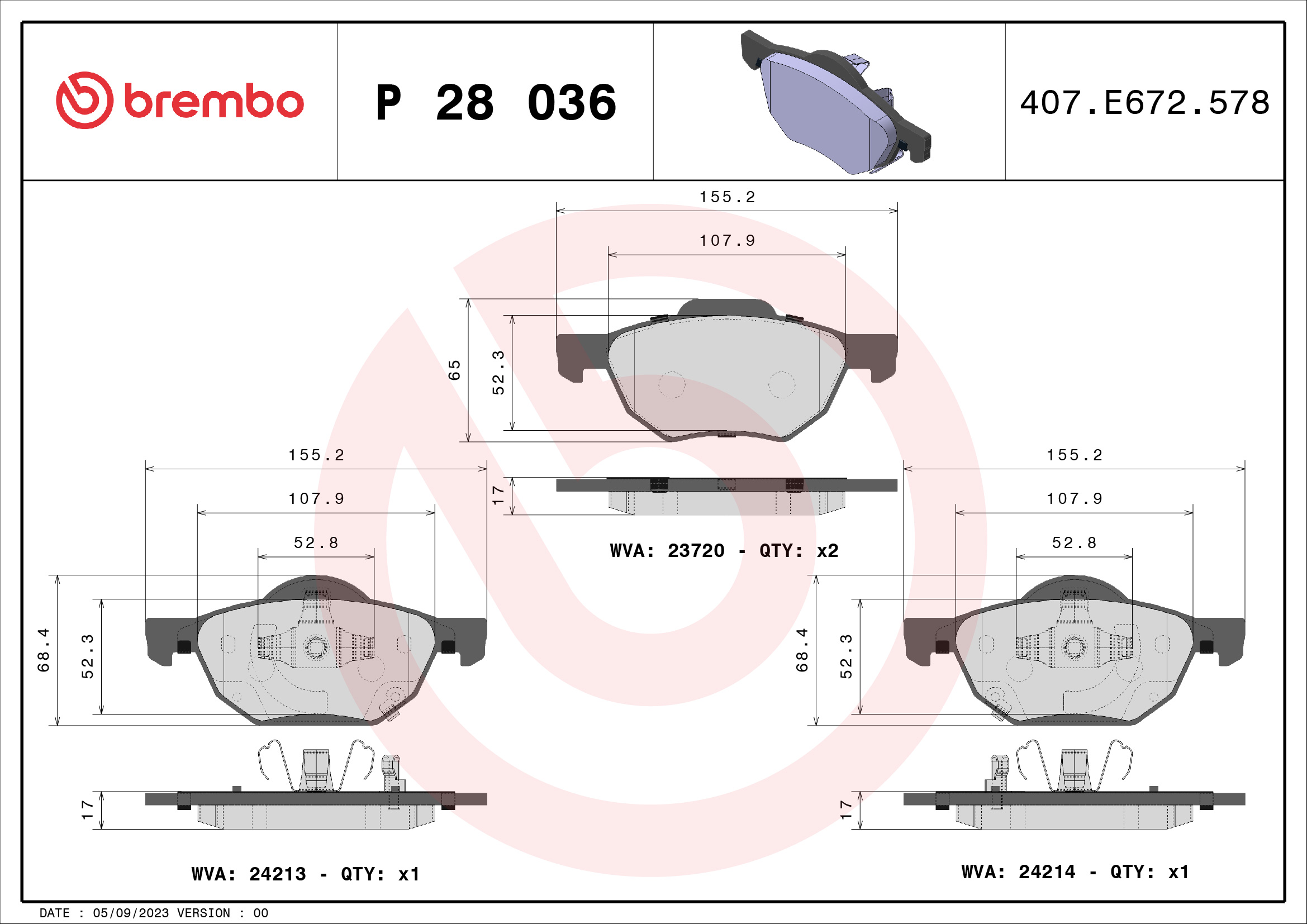 Jeu de 4 plaquettes de frein BREMBO ref. P 28 036