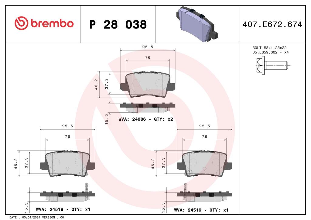 Jogo de 4 pastilhas de travão BREMBO ref. P 28 038