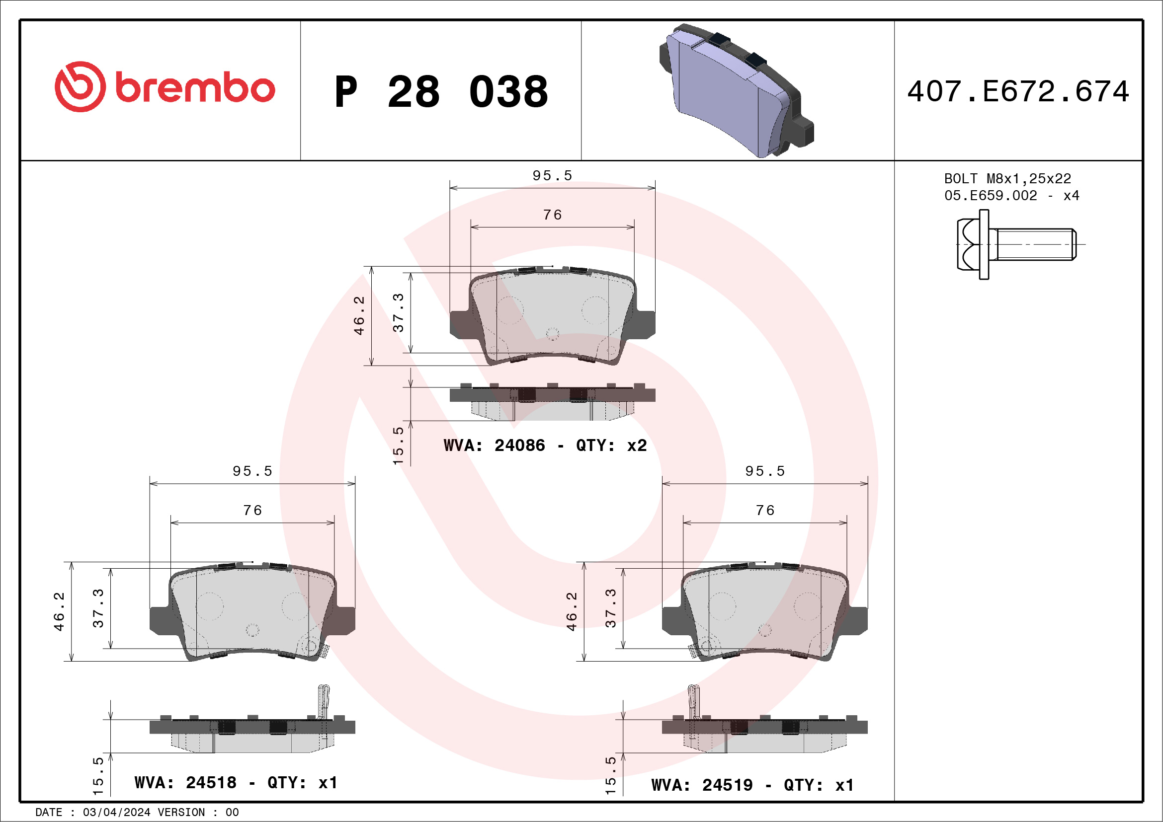 Jogo de 4 pastilhas de travão BREMBO ref. P 28 038