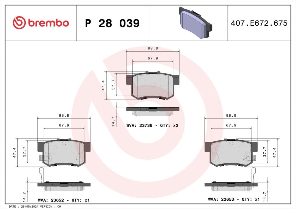 Jogo de 4 pastilhas de travão BREMBO ref. P 28 039