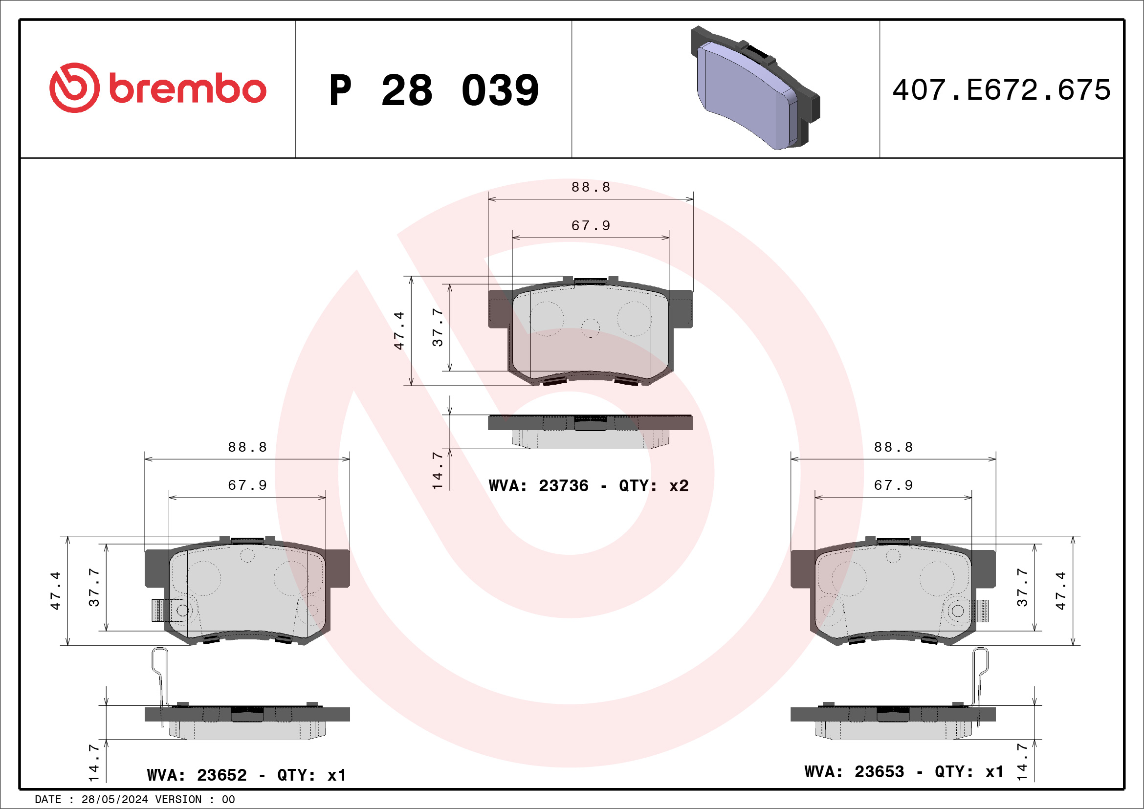 Jogo de 4 pastilhas de travão BREMBO ref. P 28 039