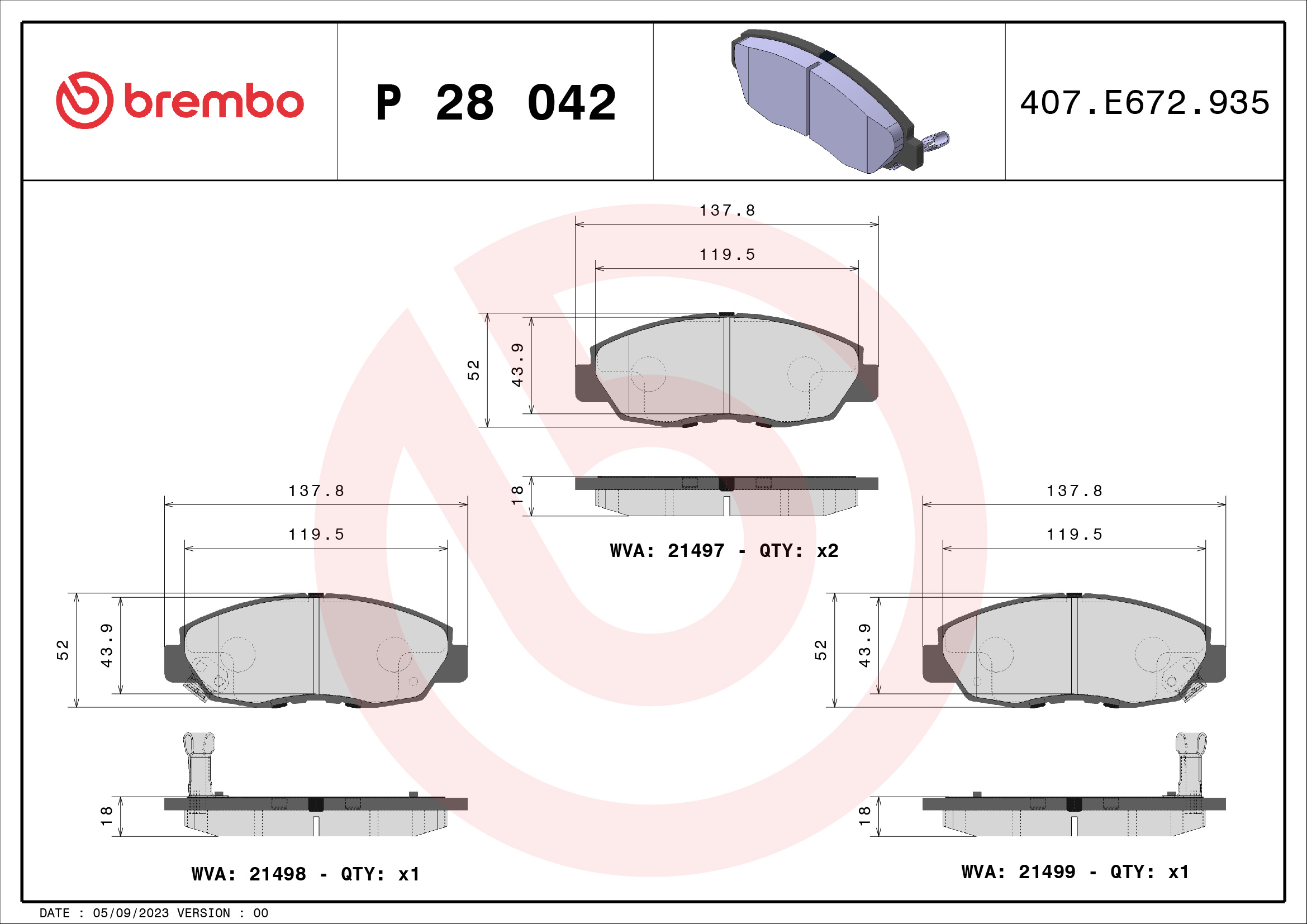Jogo de 4 pastilhas de travão BREMBO ref. P 28 042