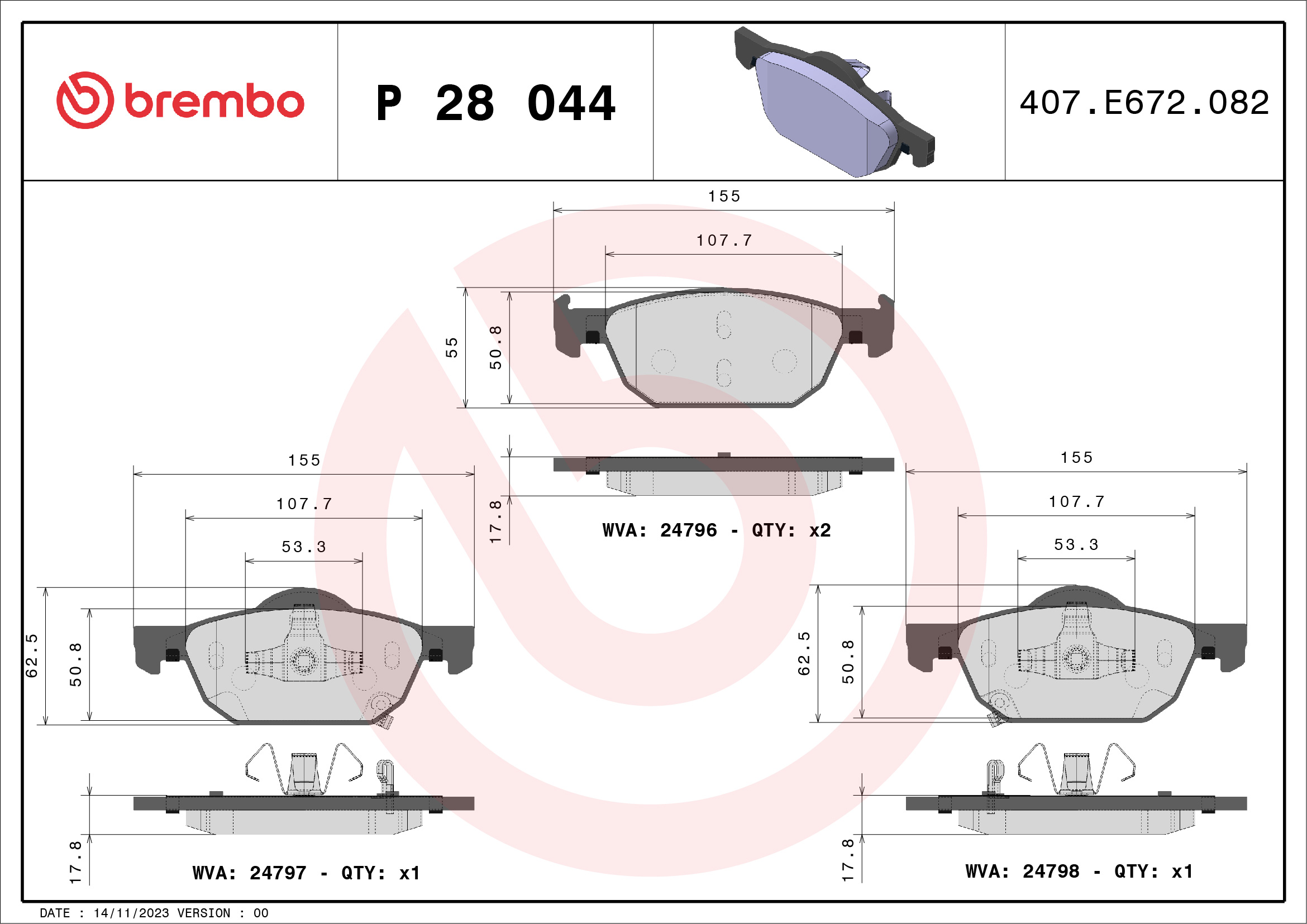 Jeu de 4 plaquettes de frein BREMBO ref. P 28 044