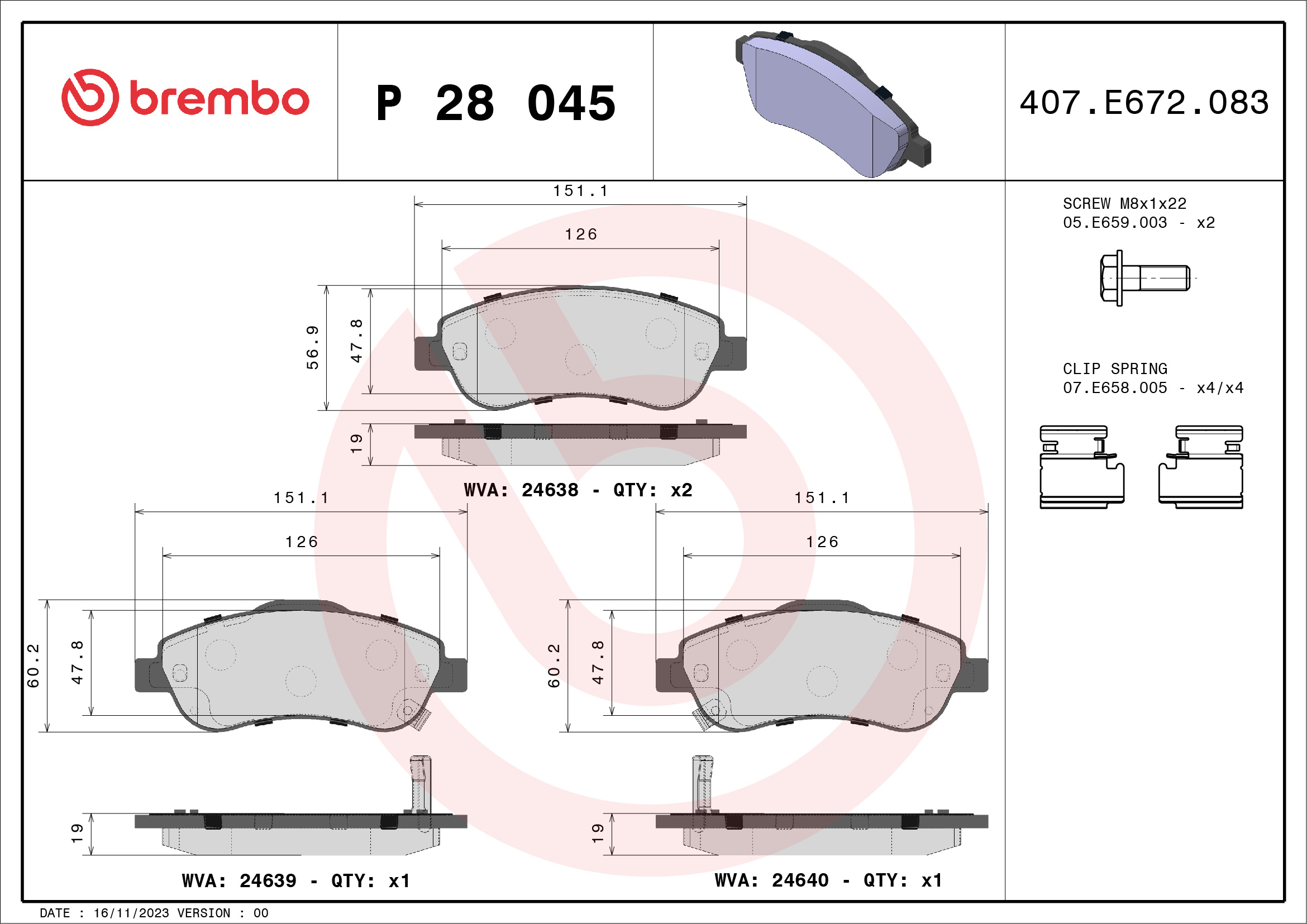 Jogo de 4 pastilhas de travão BREMBO ref. P 28 045