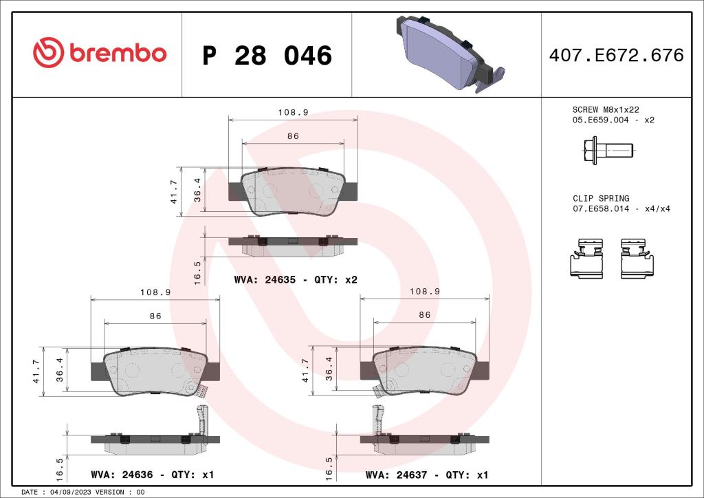 Jogo de 4 pastilhas de travão BREMBO ref. P 28 046