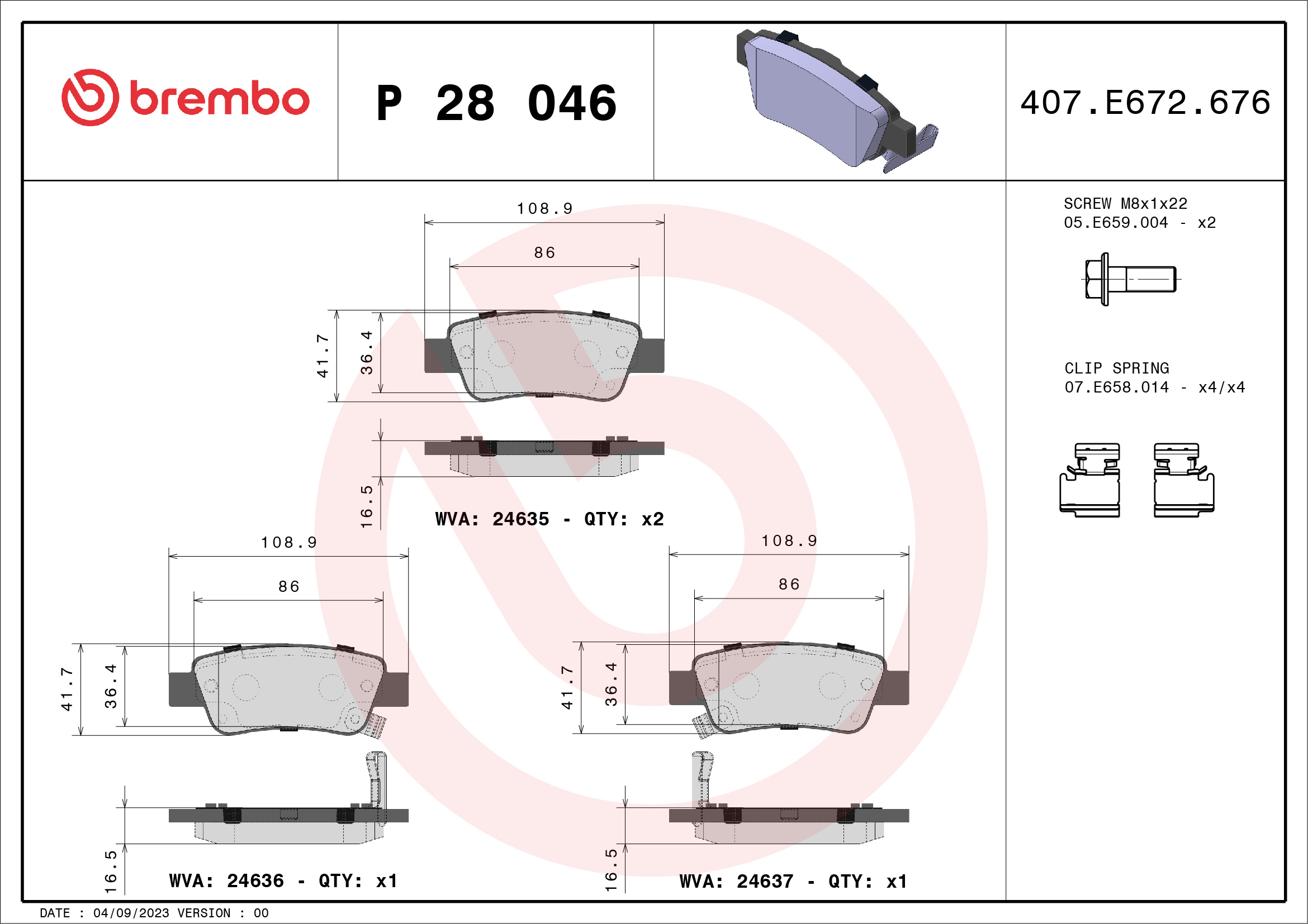 Jogo de 4 pastilhas de travão BREMBO ref. P 28 046
