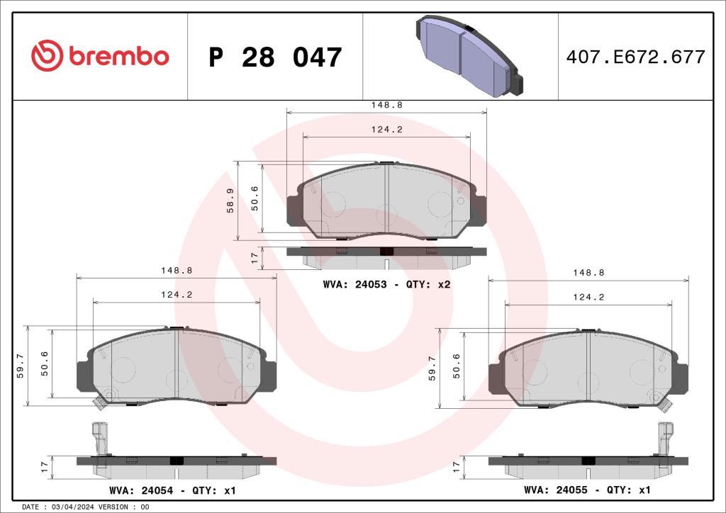 Jogo de 4 pastilhas de travão BREMBO ref. P 28 047