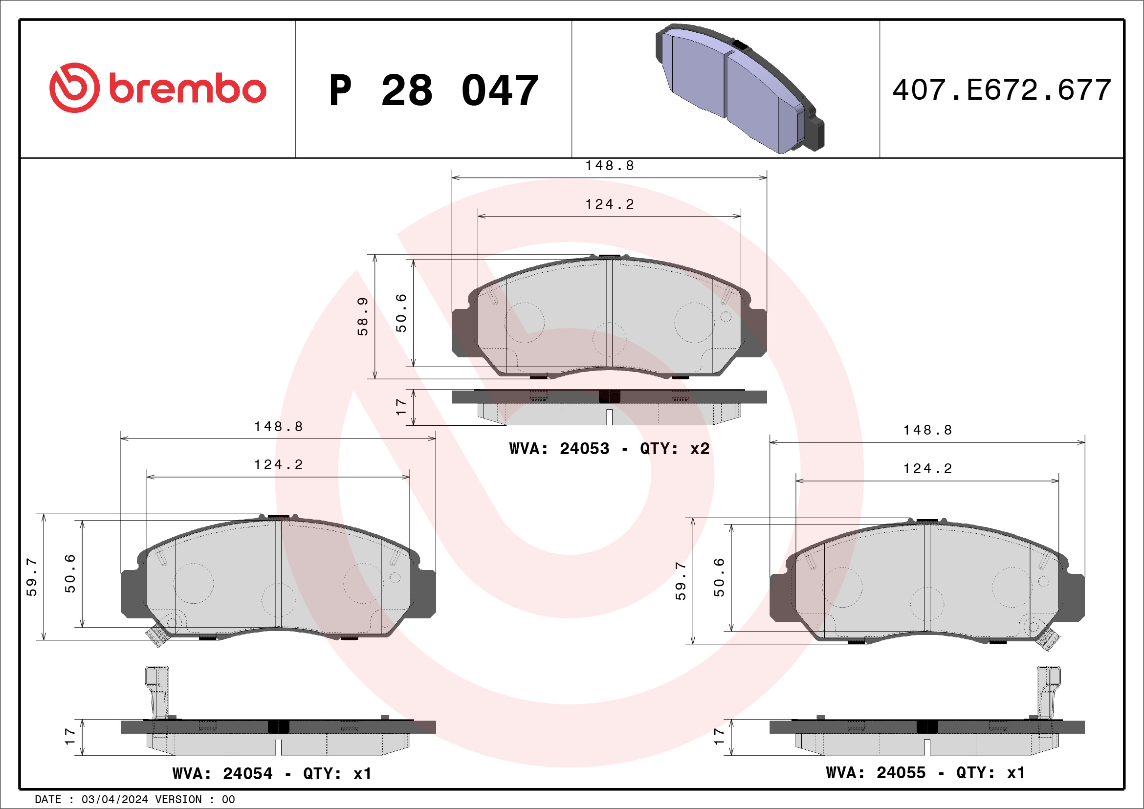 Jogo de 4 pastilhas de travão BREMBO ref. P 28 047