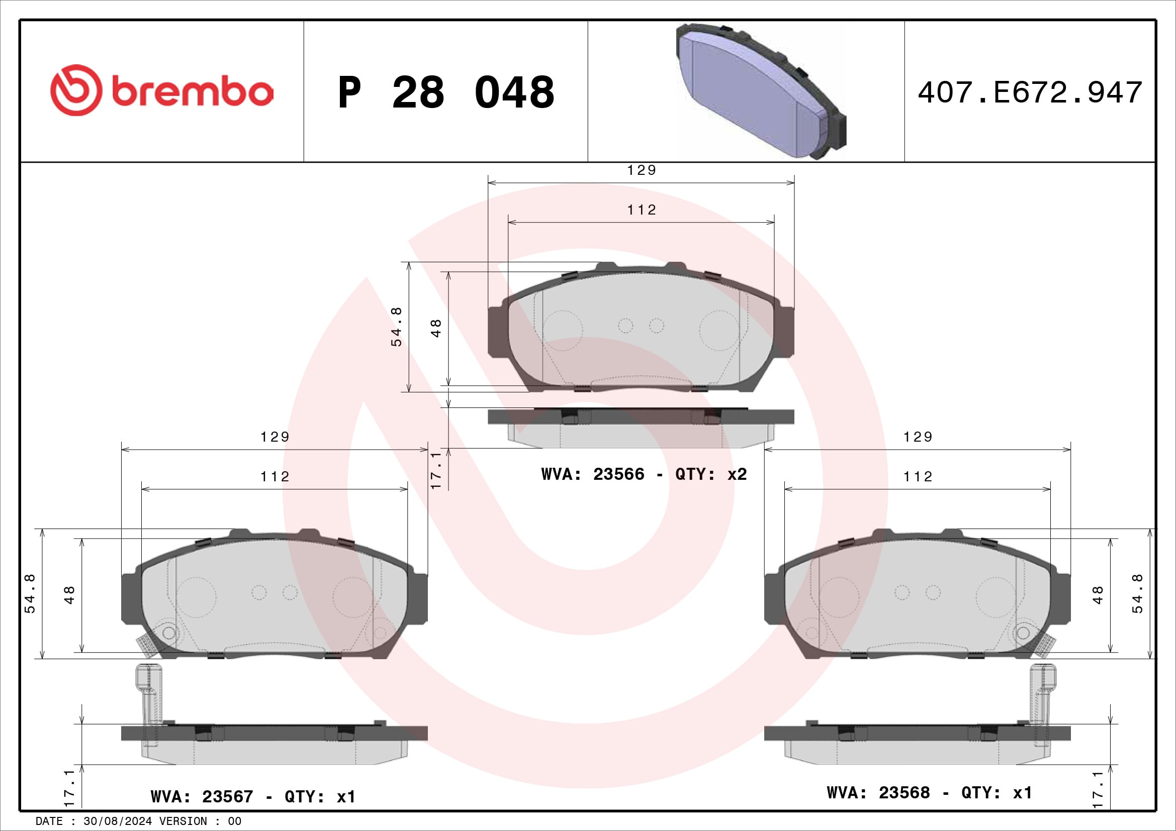 Jeu de 4 plaquettes de frein BREMBO ref. P 28 048
