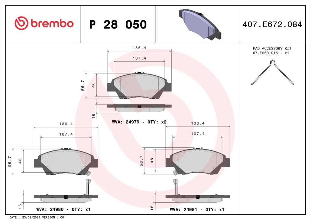 Jogo de 4 pastilhas de travão BREMBO ref. P 28 050