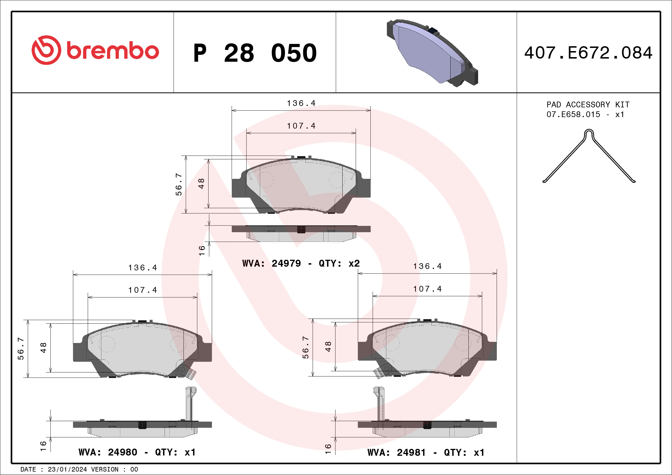 Jogo de 4 pastilhas de travão BREMBO ref. P 28 050