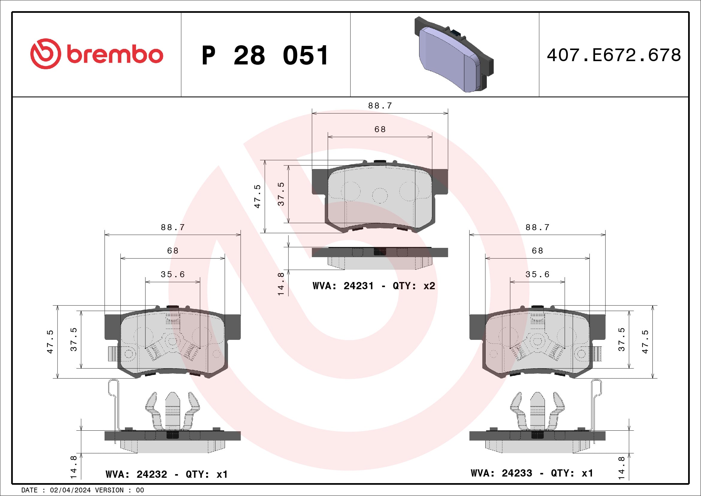 Jogo de 4 pastilhas de travão BREMBO ref. P 28 051