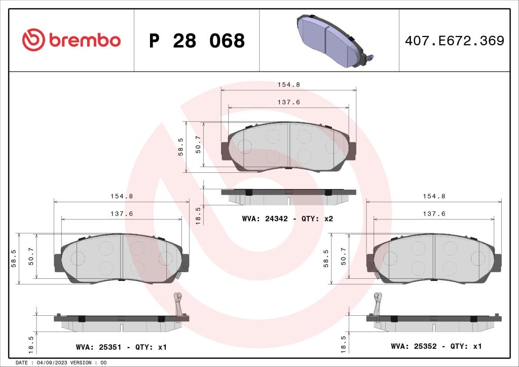 Jogo de 4 pastilhas de travão BREMBO ref. P 28 068