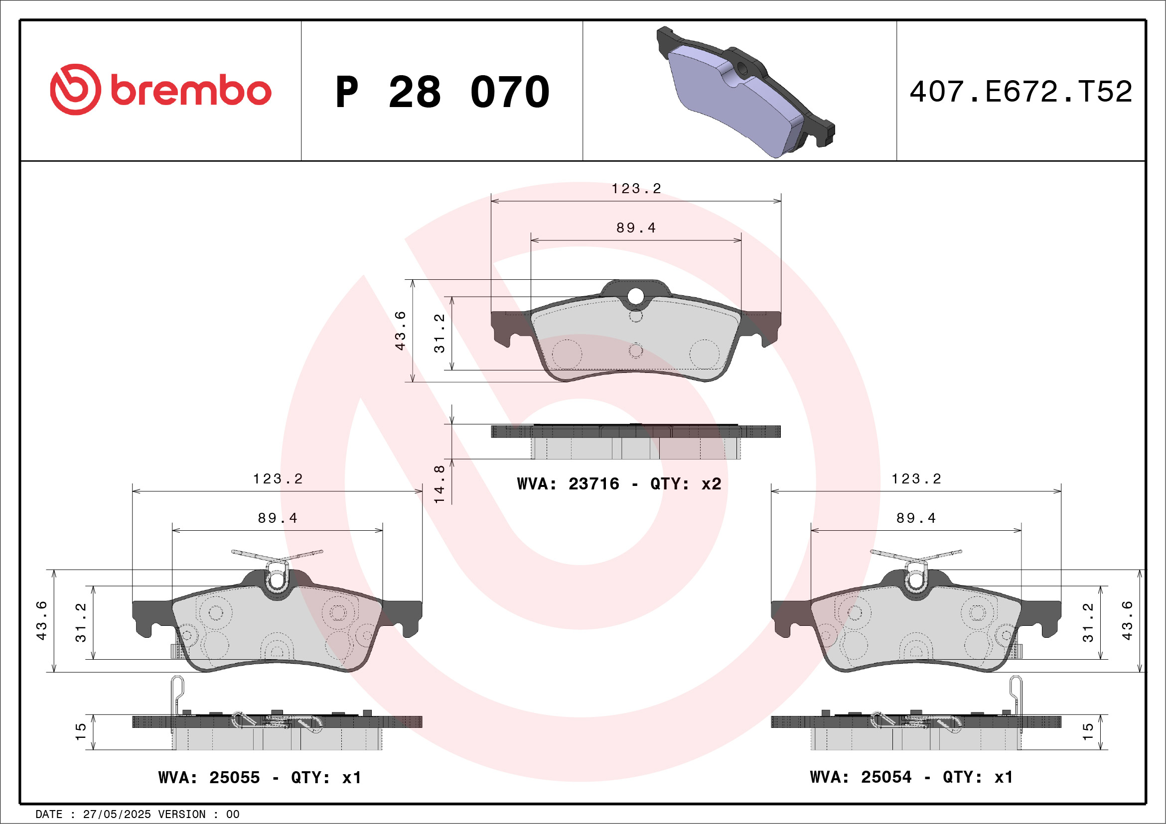 Jogo de 4 pastilhas de travão BREMBO ref. P 28 070
