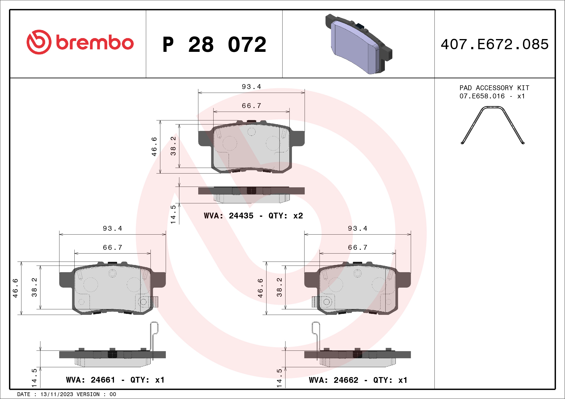 Jogo de 4 pastilhas de travão BREMBO ref. P 28 072