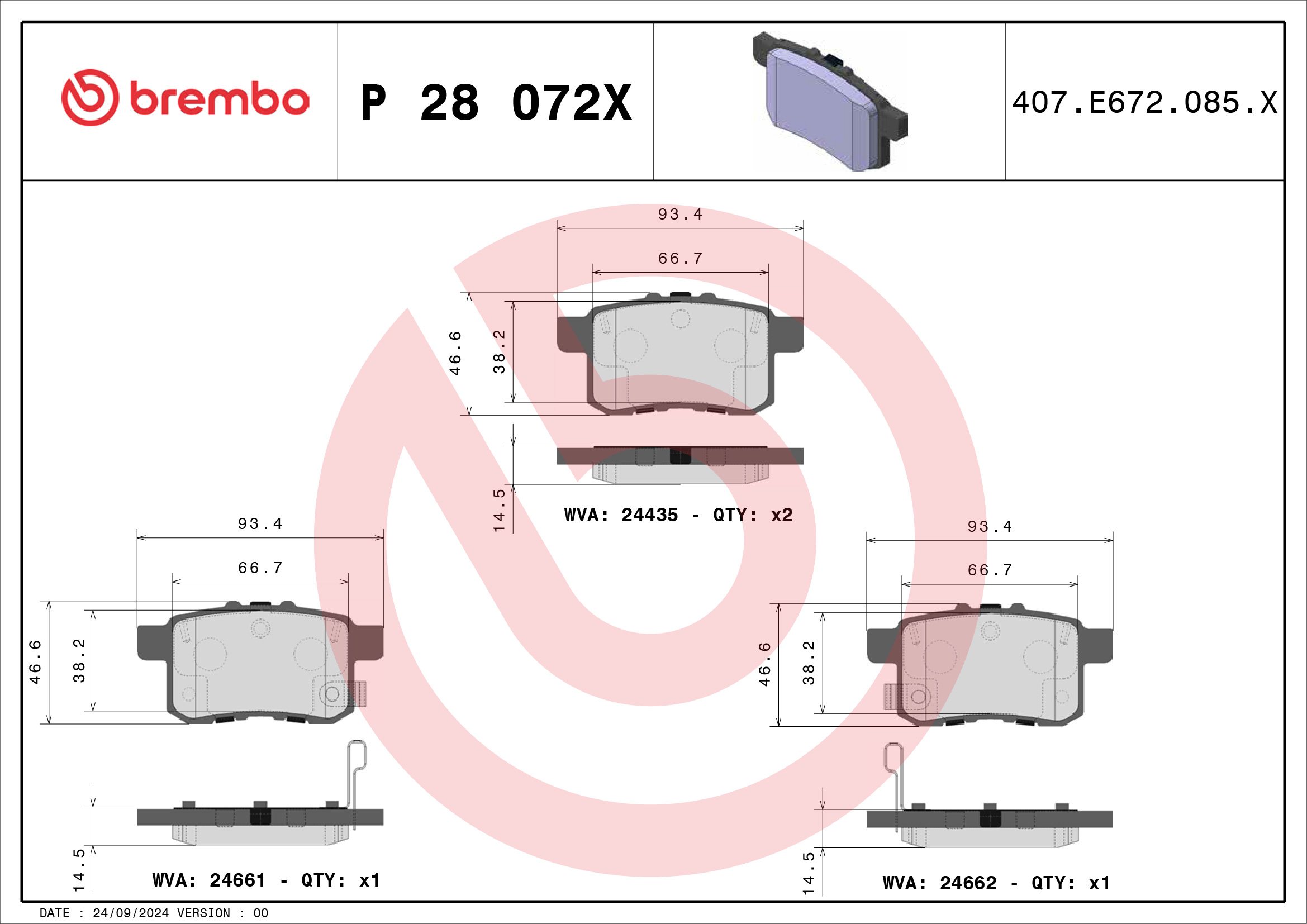Jogo de 4 pastilhas de travão BREMBO ref. P 28 072X