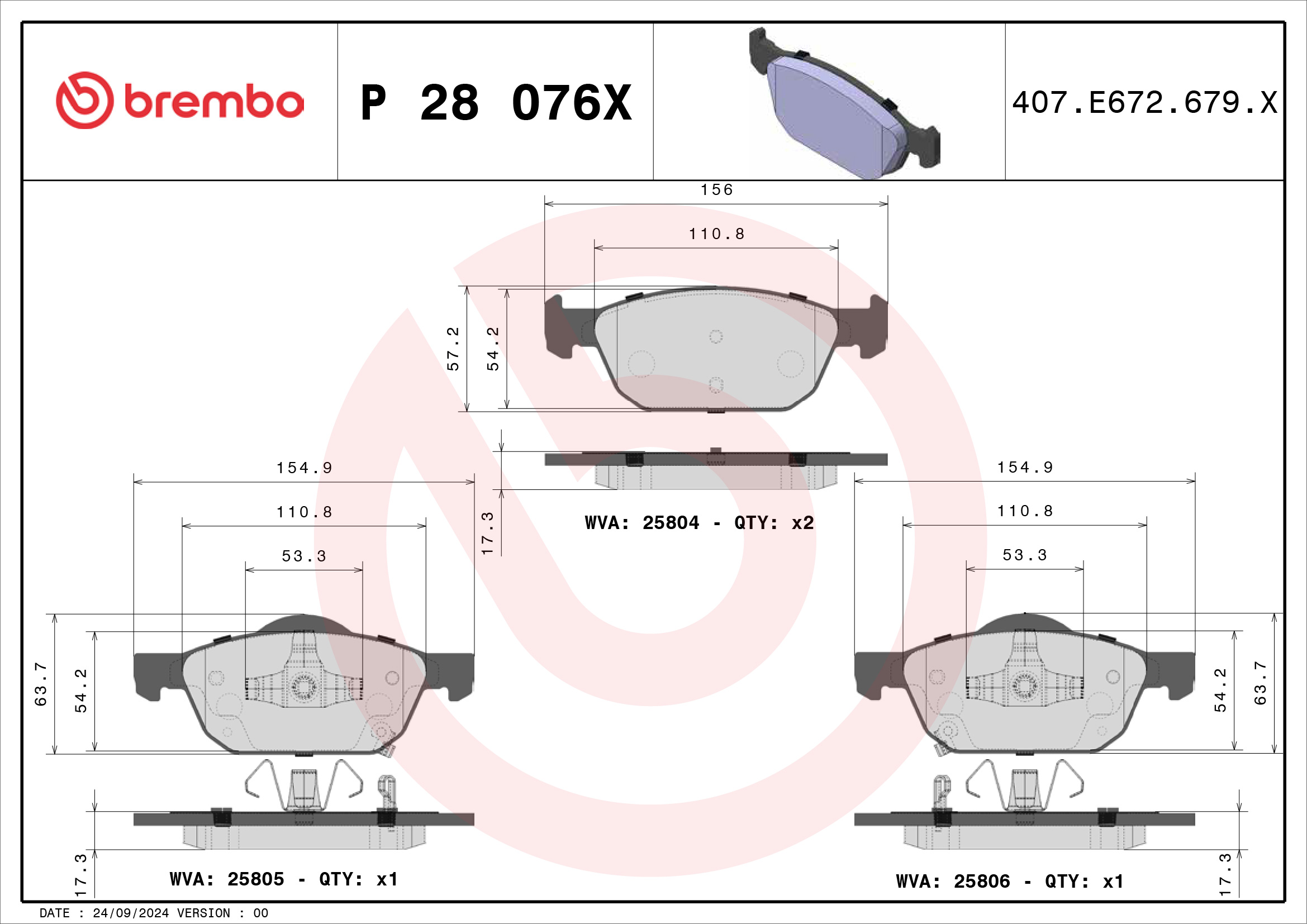 Jogo de 4 pastilhas de travão BREMBO ref. P 28 076X