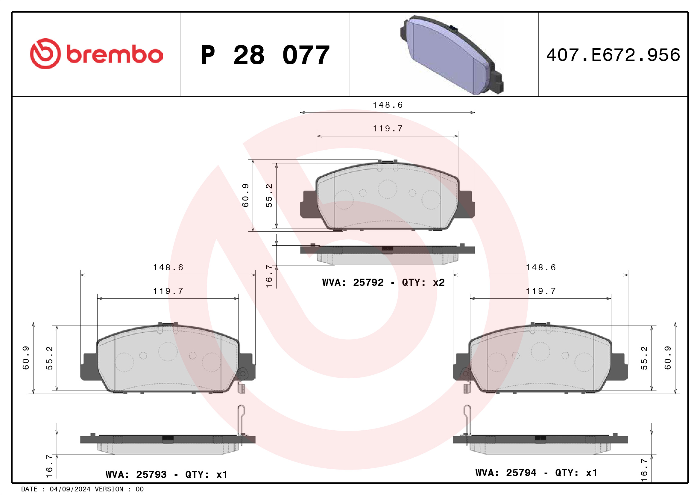 Jogo de 4 pastilhas de travão BREMBO ref. P 28 077