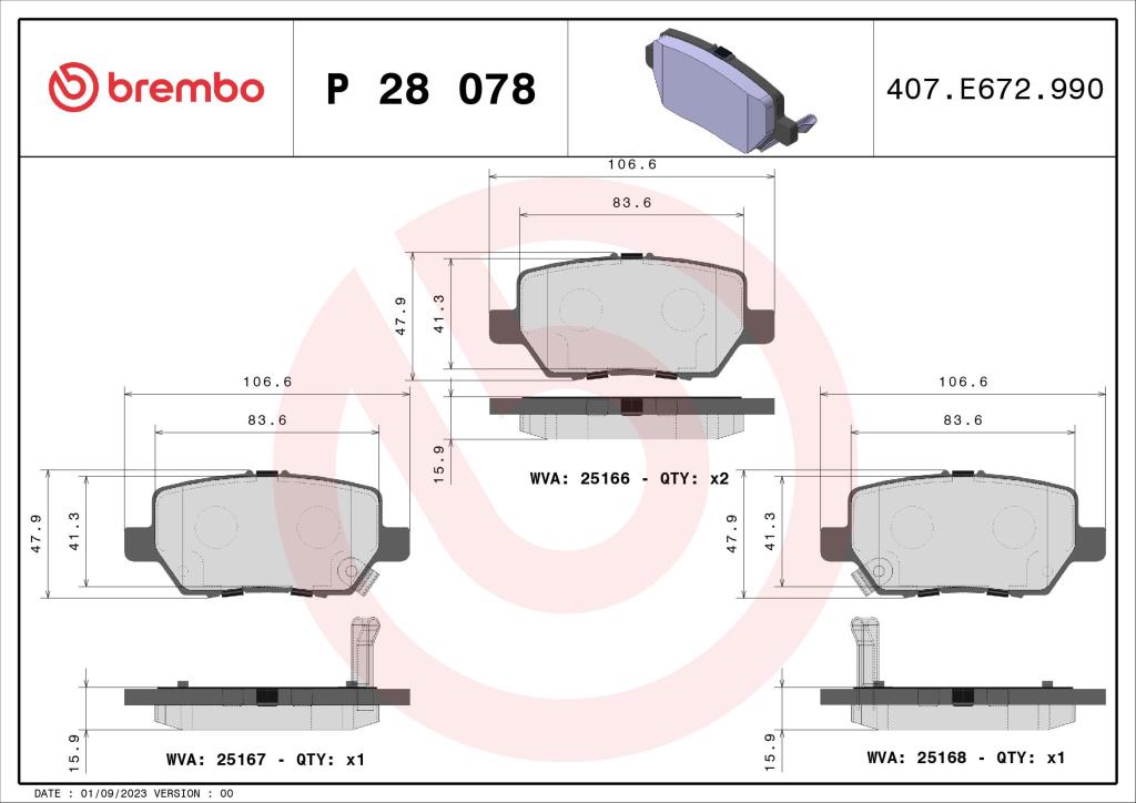 Jeu de 4 plaquettes de frein BREMBO ref. P 28 078