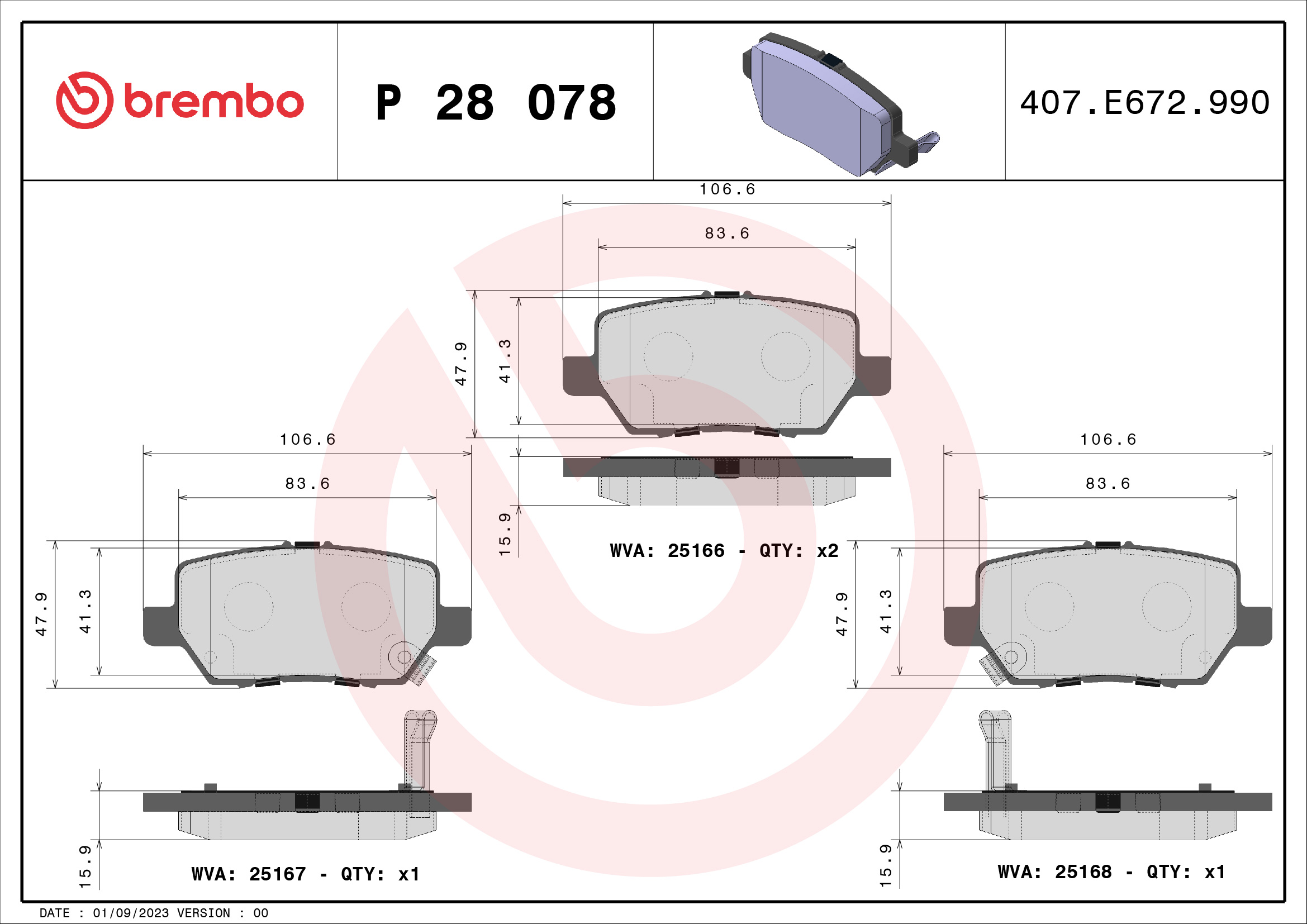 Jeu de 4 plaquettes de frein BREMBO ref. P 28 078