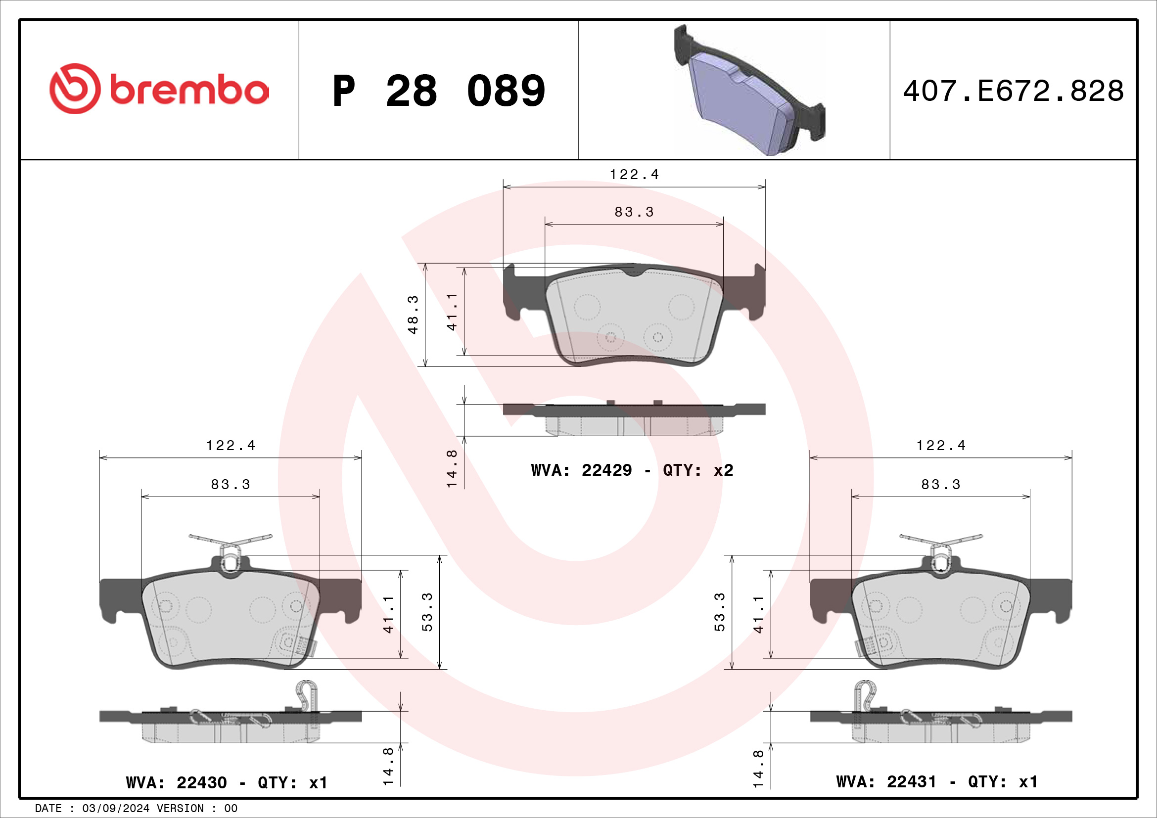 Jeu de 4 plaquettes de frein BREMBO ref. P 28 089