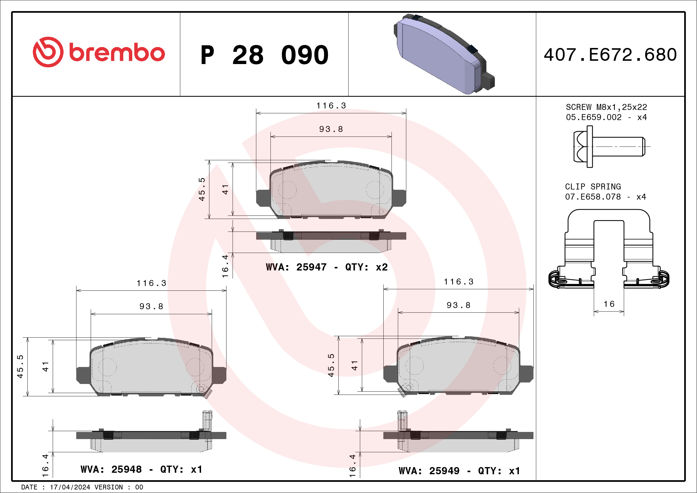 Jogo de 4 pastilhas de travão BREMBO ref. P 28 090