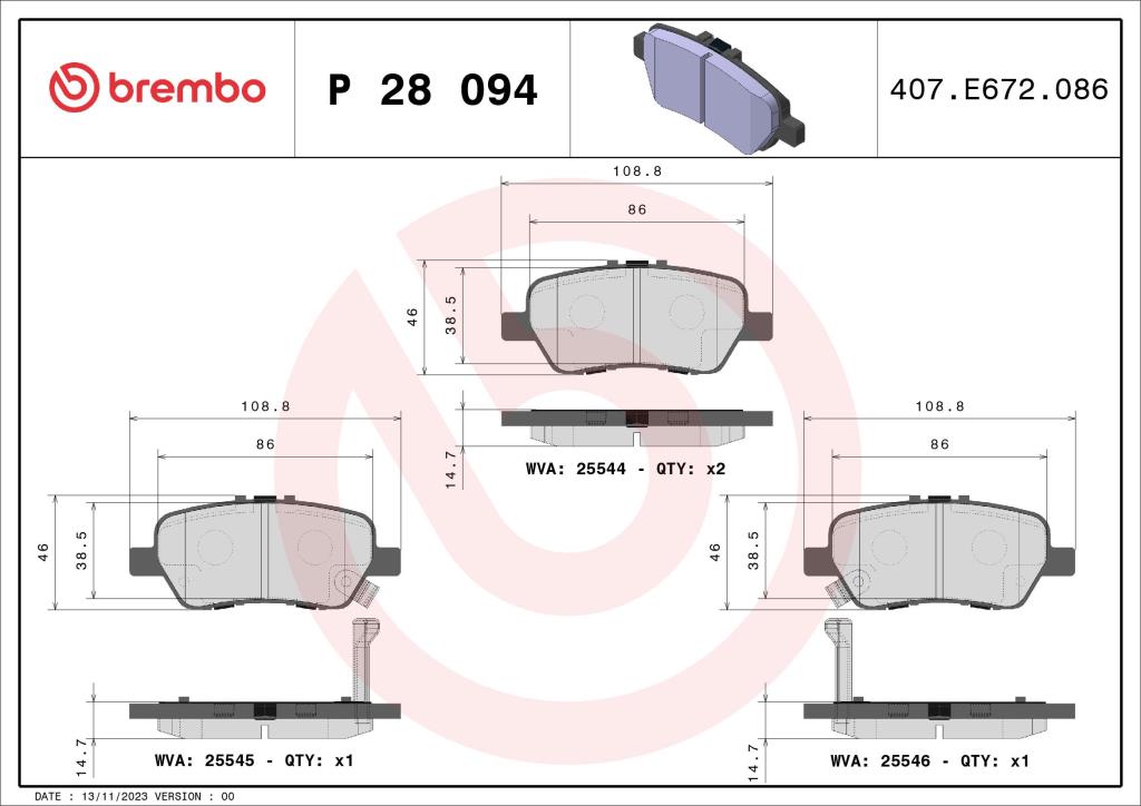Jogo de 4 pastilhas de travão BREMBO ref. P 28 094