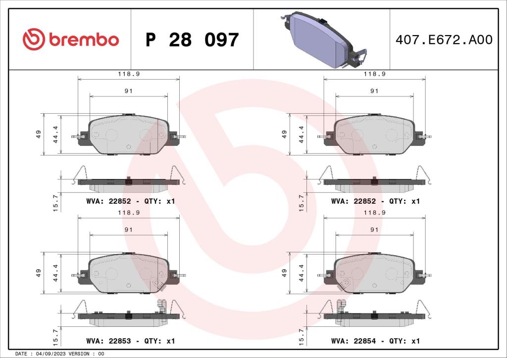 Jogo de 4 pastilhas de travão BREMBO ref. P 28 097