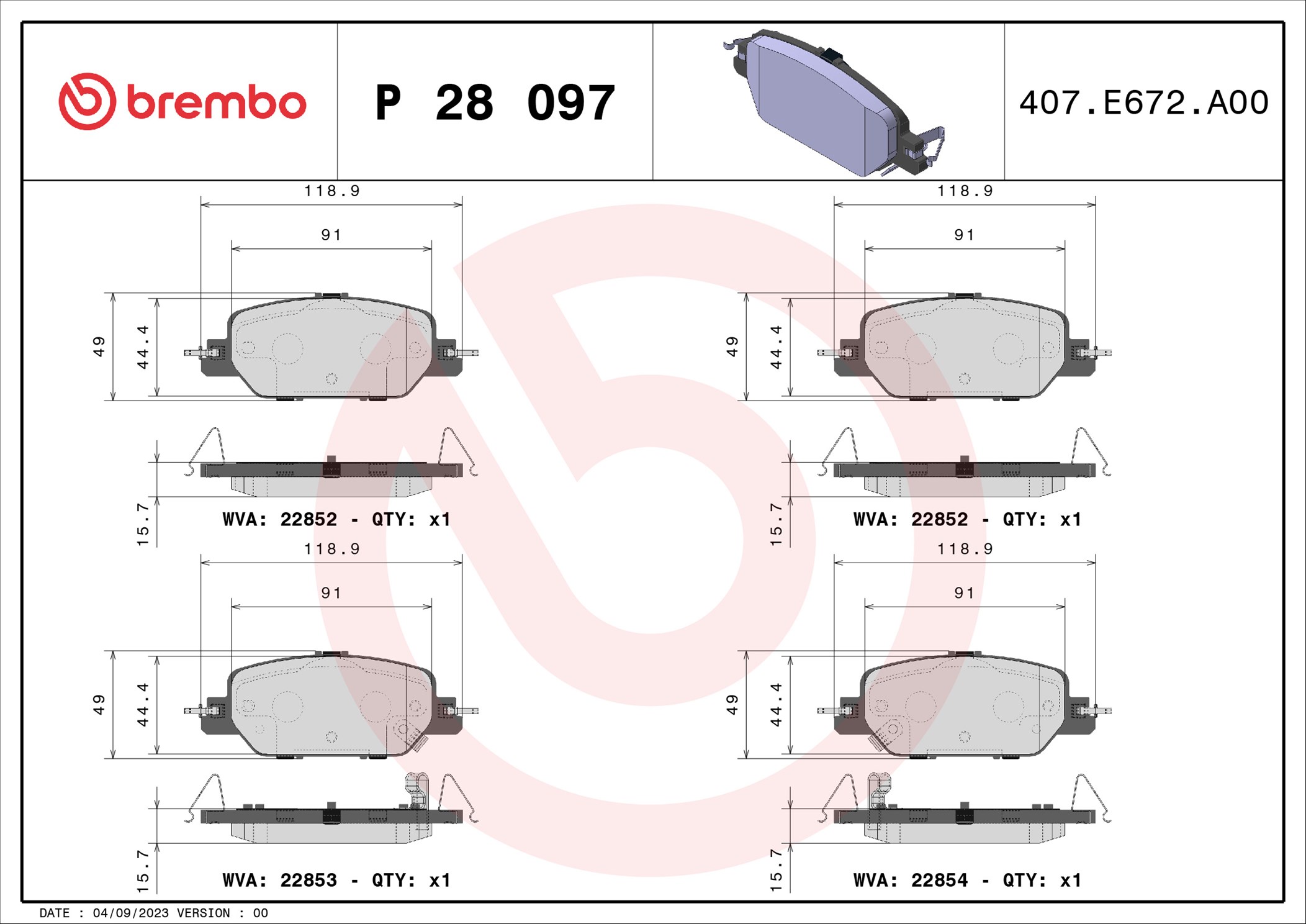 Jogo de 4 pastilhas de travão BREMBO ref. P 28 097