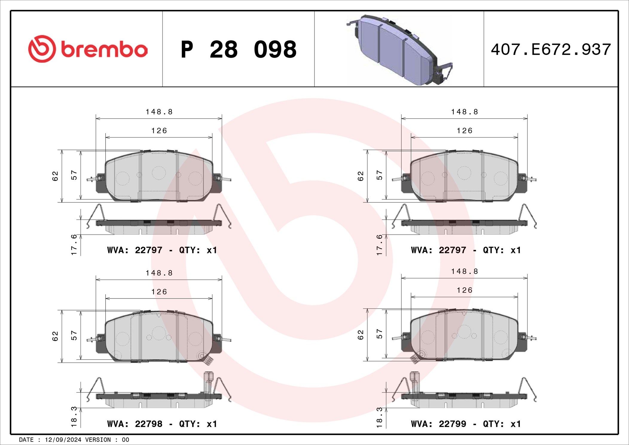 Jogo de 4 pastilhas de travão BREMBO ref. P 28 098