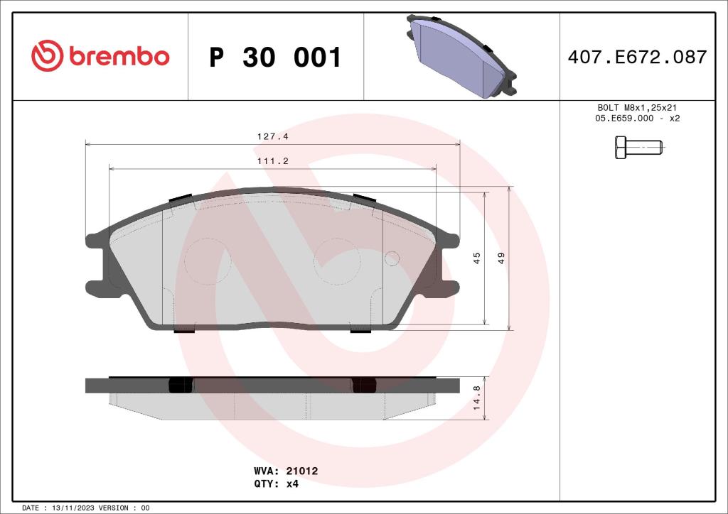 Jogo de 4 pastilhas de travão BREMBO ref. P 30 001