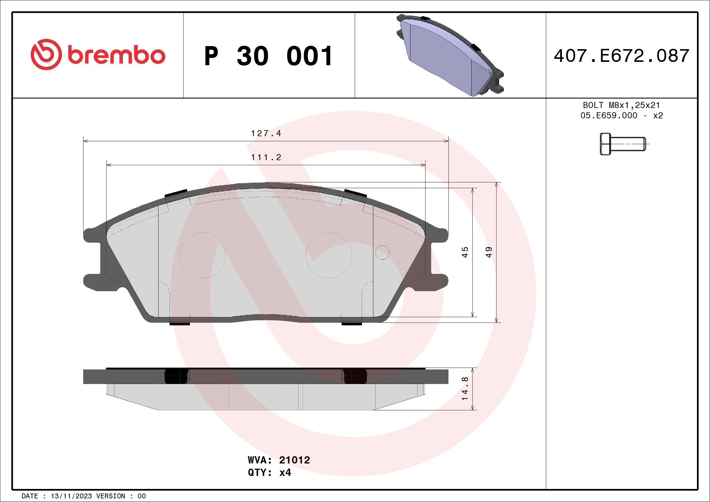 Jogo de 4 pastilhas de travão BREMBO ref. P 30 001